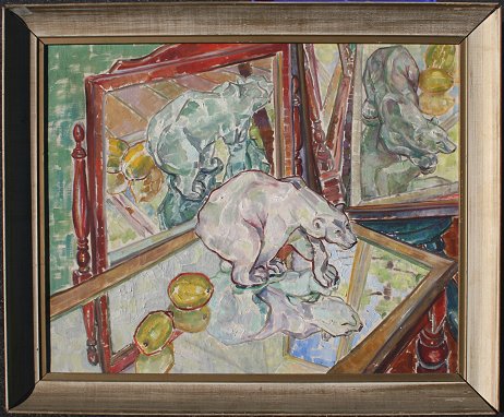 Appraisal: STILL LIFE WITH ROYAL COPENHAGEN PORCELAIN BEAR ON DRESSER Oil