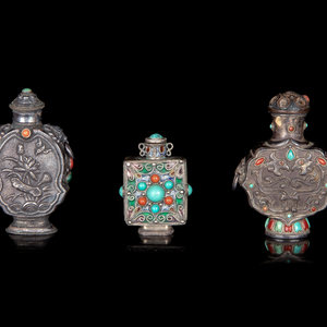 Appraisal: Three Mongolian Style Silver Snuff Bottles TH CENTURY each mounted