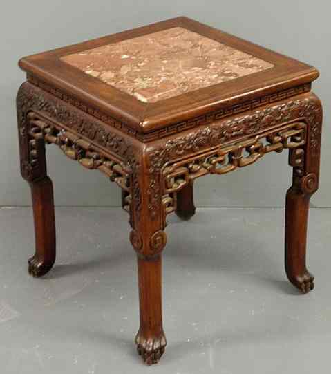 Appraisal: Chinese carved rosewood table c with inset red marble top