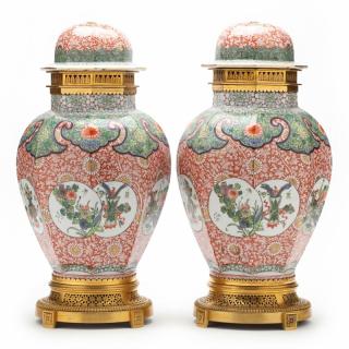 Appraisal: Pair of Chinese Export Porcelain Urns with Ormolu Bronze Mount