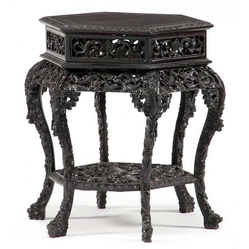 Appraisal: Chinese Carved Low Table circa dark hardwood hexagonal top all