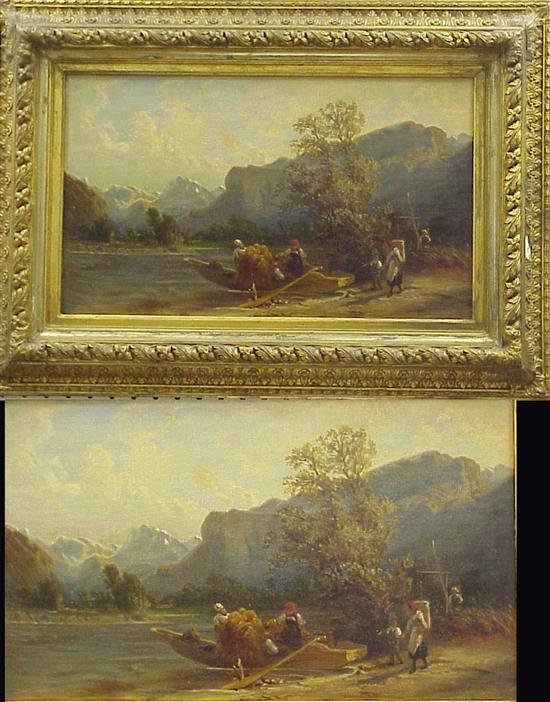 Appraisal: Pastoral scene figures loading small boat oil on canvas possible