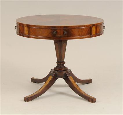 Appraisal: George III-Style Satinwood-Inlaid Mahogany Single-Drawer Drum Table in in diam