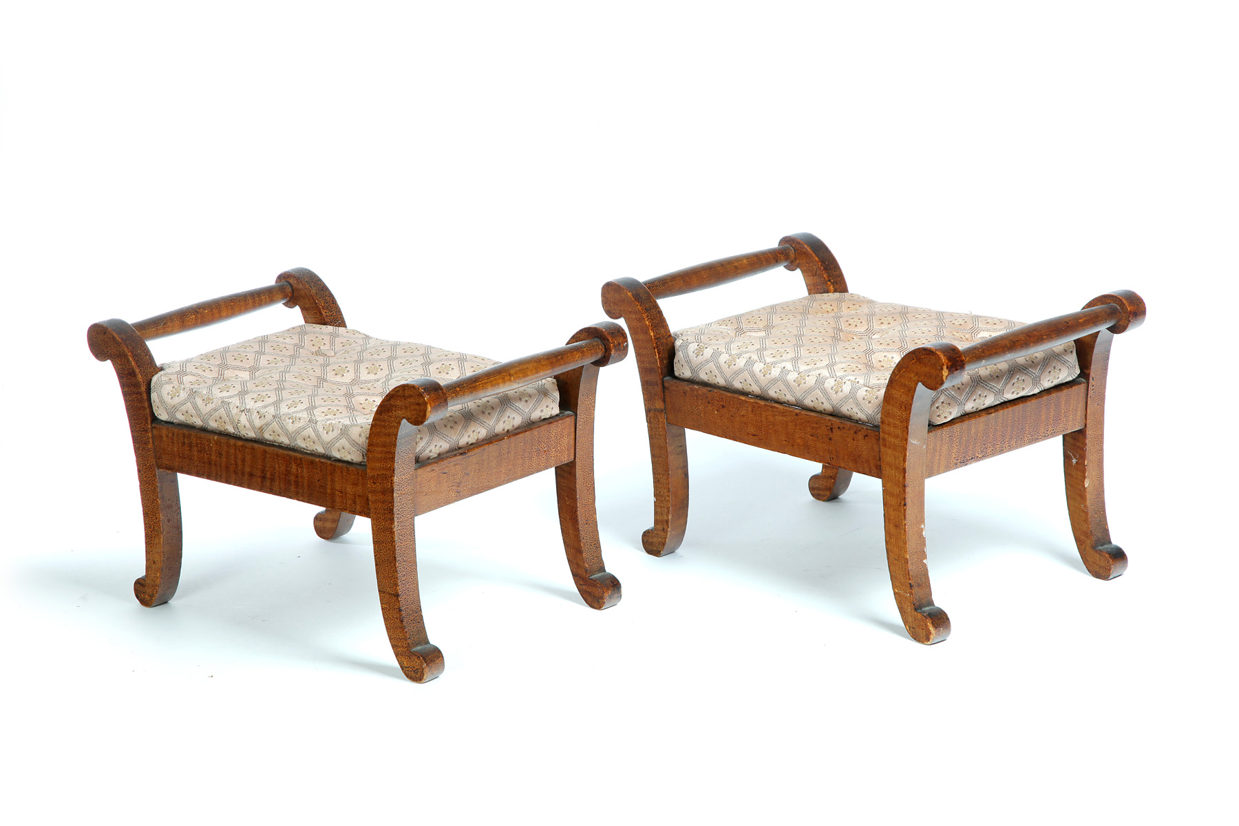 Appraisal: PAIR OF OHIO CLASSICAL CURLY MAPLE STOOLS Attributed to Delaware