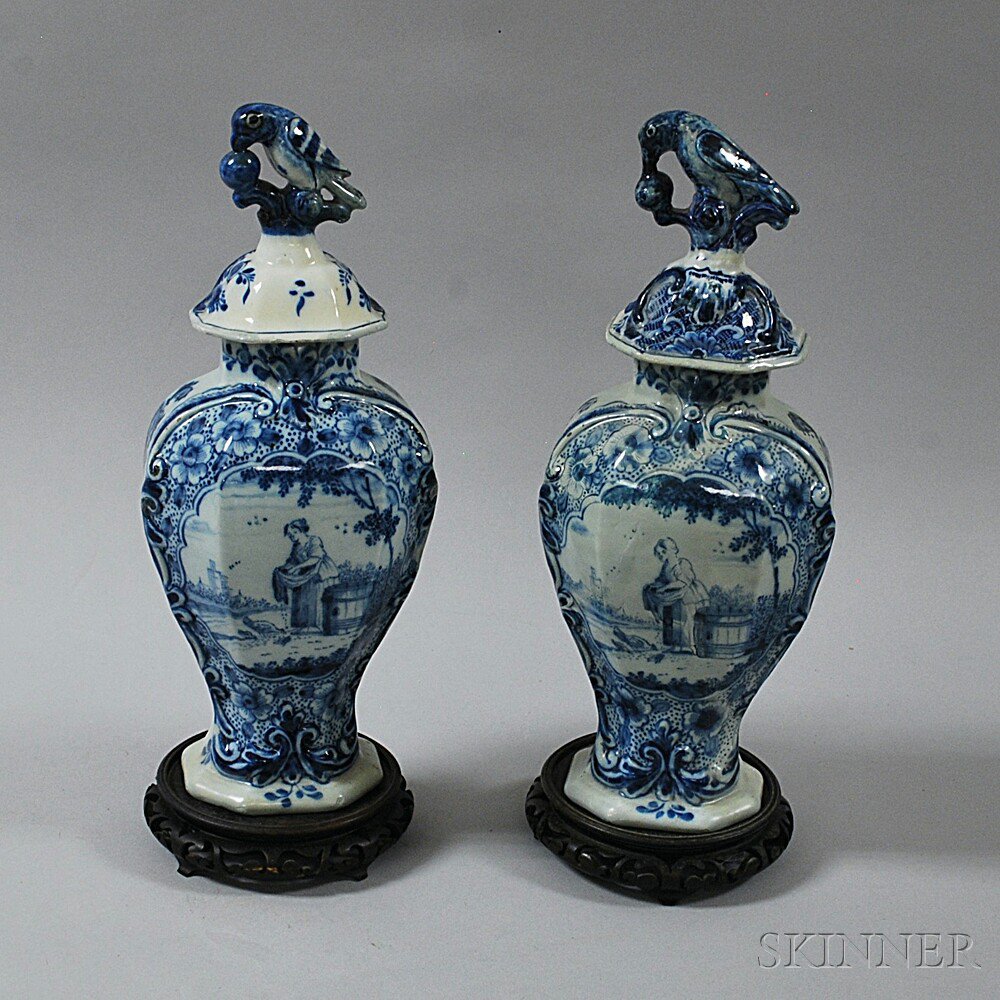 Appraisal: Pair of Delft Covered Urns probably Holland th century the