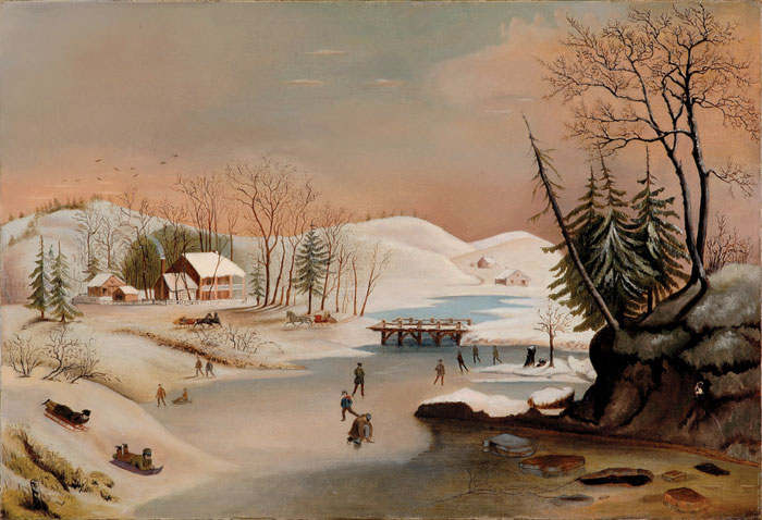 Appraisal: AMERICAN NAIVE WINTER SKATING SCENE AFTER CURRIER IVES Oil on