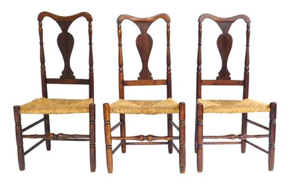 Appraisal: Three Queen Anne fiddleback chairs with rush seats American assembled