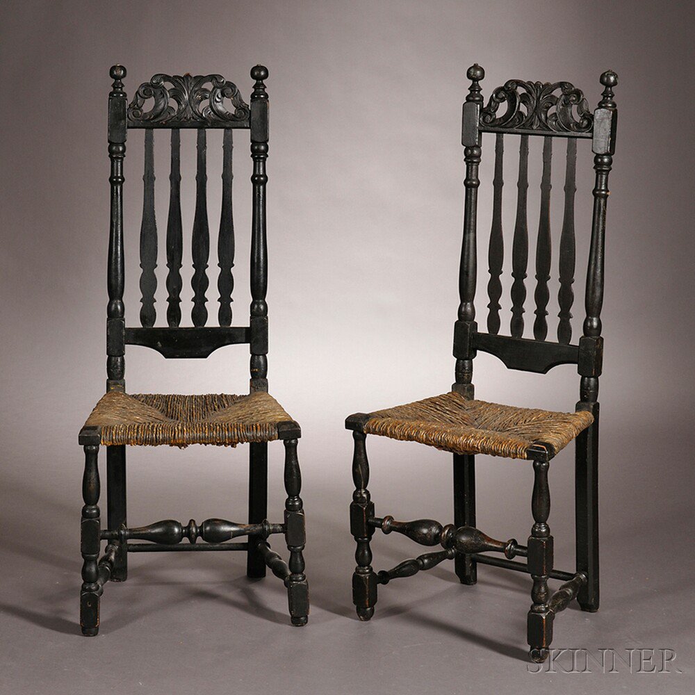 Appraisal: Pair of Carved Black-painted Banister-back Side Chairs New England early