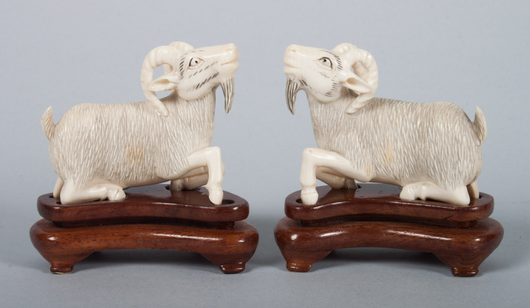 Appraisal: Pair of oriental carved ivory goats with ink highlights and