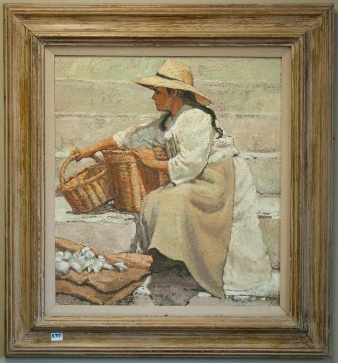 Appraisal: D BOUTHILLIER OIL ON BOARD woman with baskets Image measures