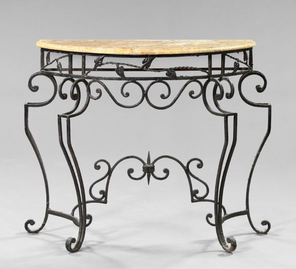 Appraisal: Polychromed Wrought-Iron and Marble-Top Side Table in the Victorian style