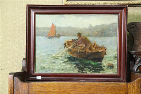 Appraisal: WATER SCENE WITH FISHERMAN Oil on canvas signed lower left