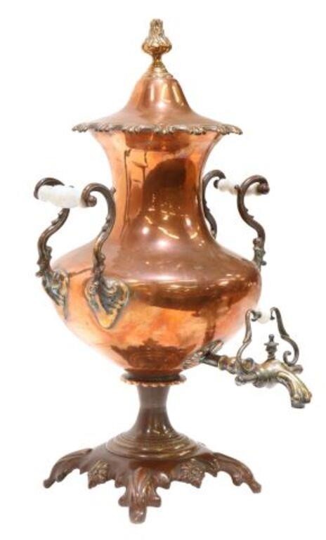 Appraisal: English copper hot water urn th c scroll handles brass