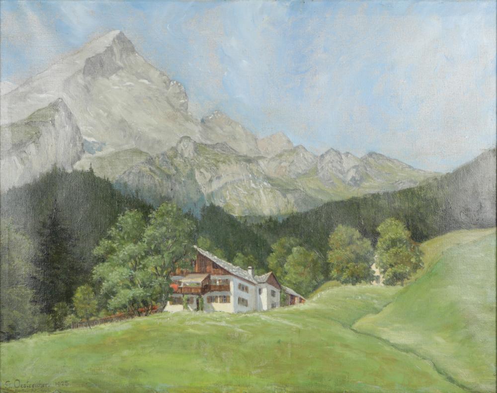 Appraisal: GEORG OESTREICHER TH CENTURY WINDBEUTELALMWindbeutelalm Berggasthof Almhutte oil on canvas