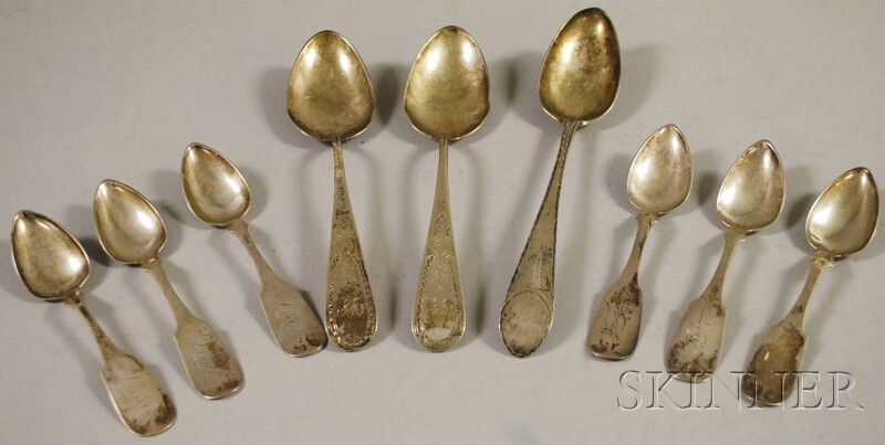 Appraisal: Nine Coin Silver Spoons six J Lewis teaspoons two George