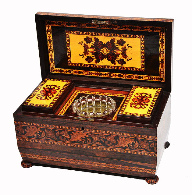 Appraisal: A VICTORIAN ROSEWOOD AND PARQUETRY DECORATED TEA CADDY with bands