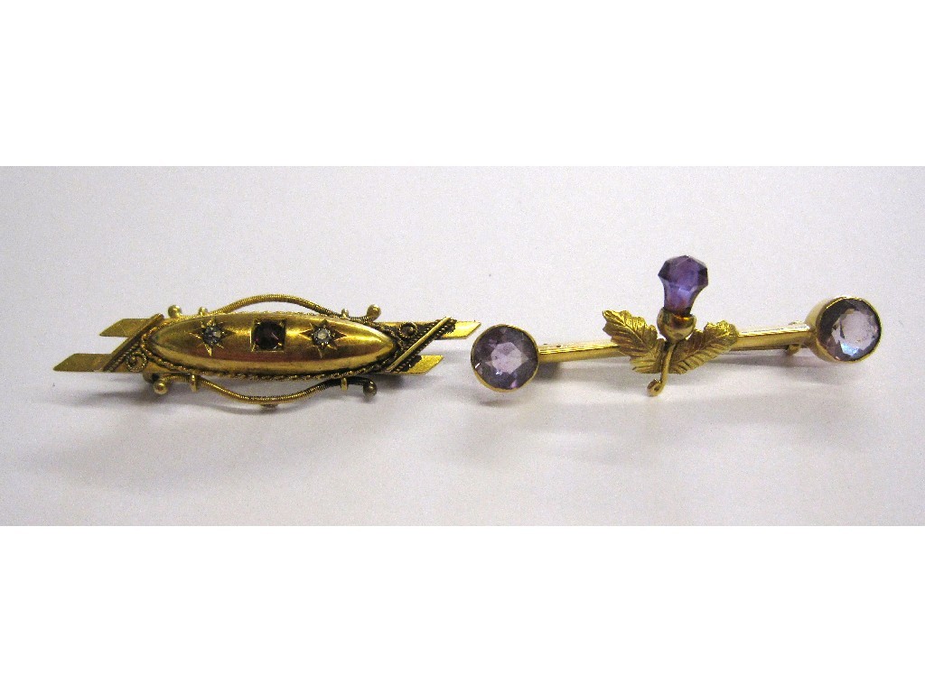 Appraisal: Lot comprising a ct gold and amethyst thistle bar brooch