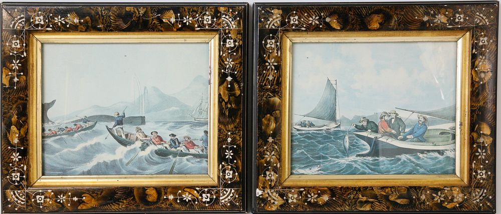 Appraisal: Pair of Fishing Lithographs in Victorian Decorated Frames Pair of