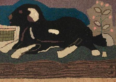 Appraisal: HOOKED RUG WITH A BLACK DOG IN A LANDSCAPE The