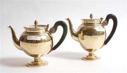 Appraisal: SILVER-GILT TEA AND WATER JUGS France th century With maker's