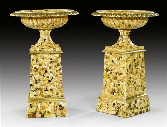 Appraisal: PAIR OF LARGE AMBER FOOTED BOWLS WITH PEDESTALS Empire style