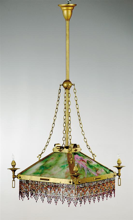 Appraisal: Arts Crafts slag glass and wrought-metal chandelier late th century