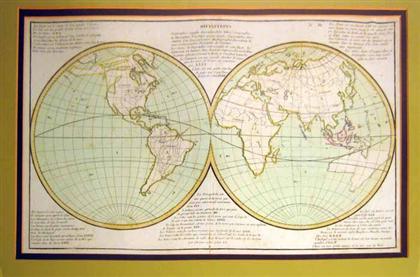 Appraisal: piece Hand-Colored Engraved Map Double-hemisphere world map French ca x