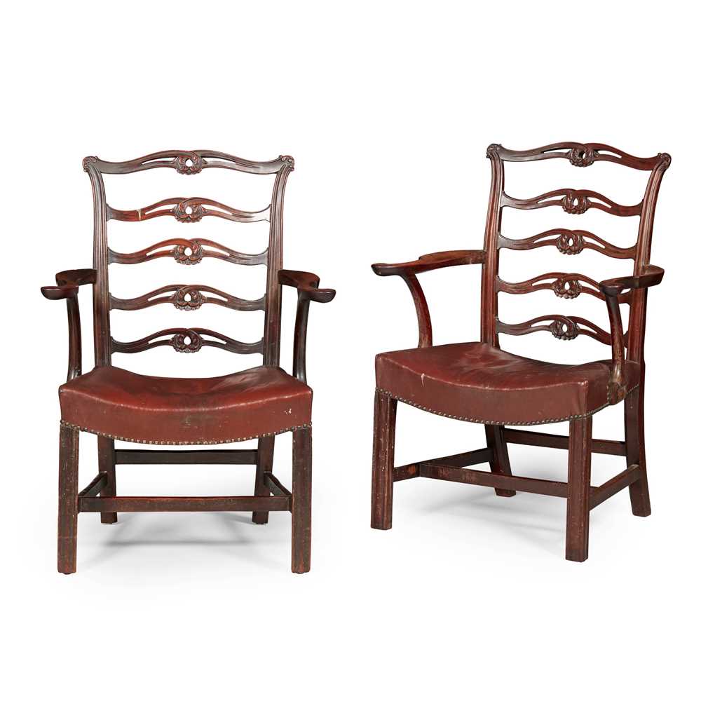 Appraisal: PAIR OF GEORGE III STYLE MAHOGANY ARMCHAIRS TH CENTURY with