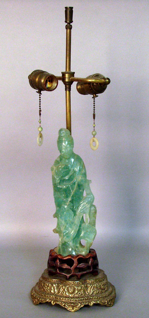 Appraisal: Chinese green quartz table lamp h