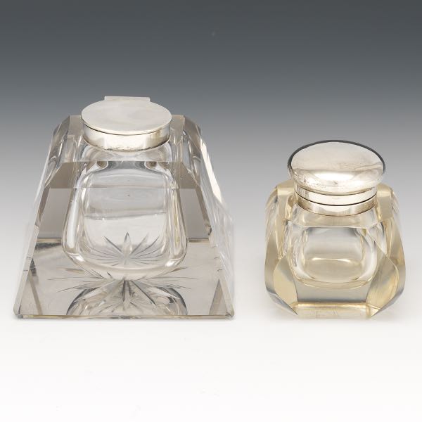 Appraisal: Two English Sterling Silver and Crystal Glass Inkwells by John