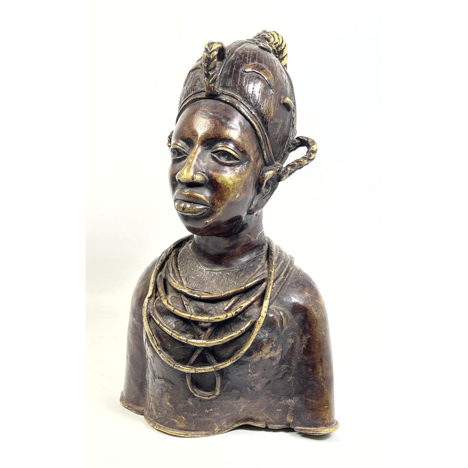 Appraisal: Benin style Bronze Portrait Bust Sculpture Headdress with Star Dimensions