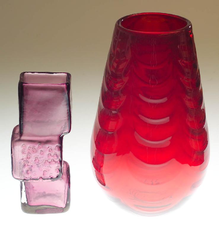 Appraisal: WHITEFRIARS GLASS AUBERGINE DRUNKEN BRICKLAYER VASE designed by Geoffrey Baxter