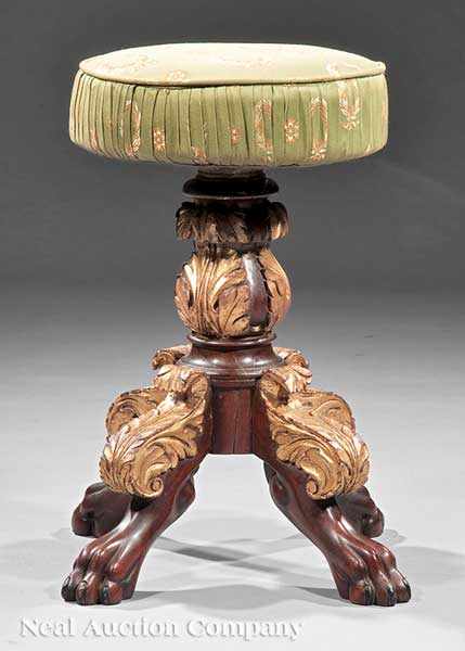 Appraisal: An American Classical Carved Mahogany and Gilt Piano Stool early