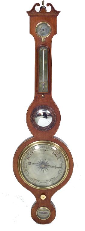 Appraisal: EDWARDIAN CASED WHEEL BAROMETER the inlaid mahogany banjo case with