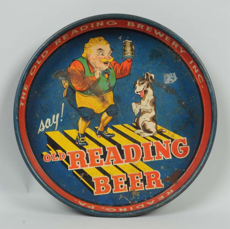 Appraisal: Old Reading Beer Tin Tray Depicts a man and begging