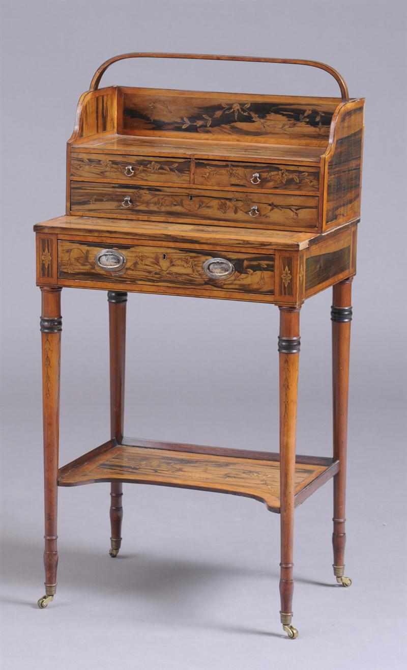 Appraisal: REGENCY CALAMANDER AND MARQUETRY WRITING TABLE The removable three-drawer superstructure