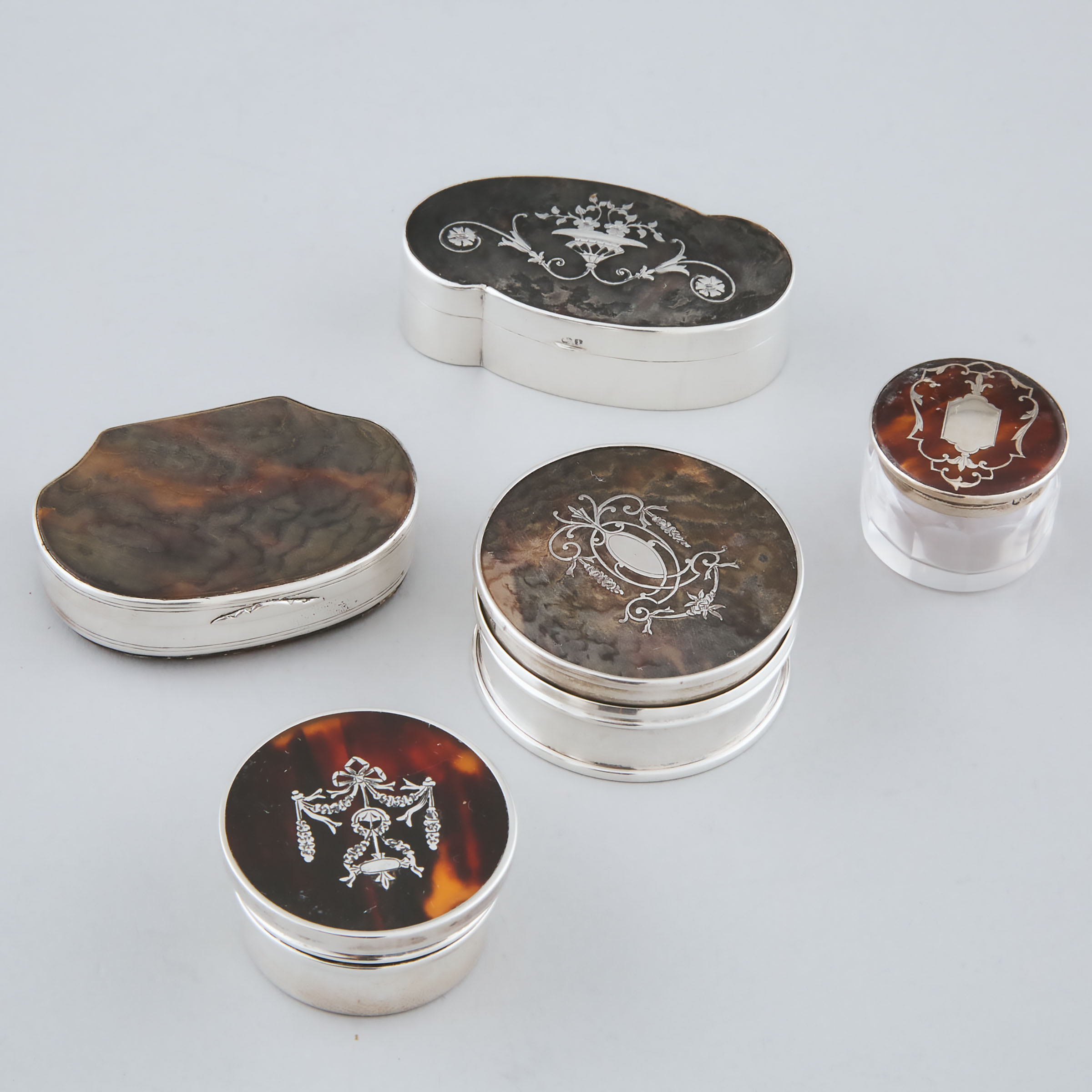 Appraisal: Five English Silver and Tortoiseshell Boxes and Jars London and