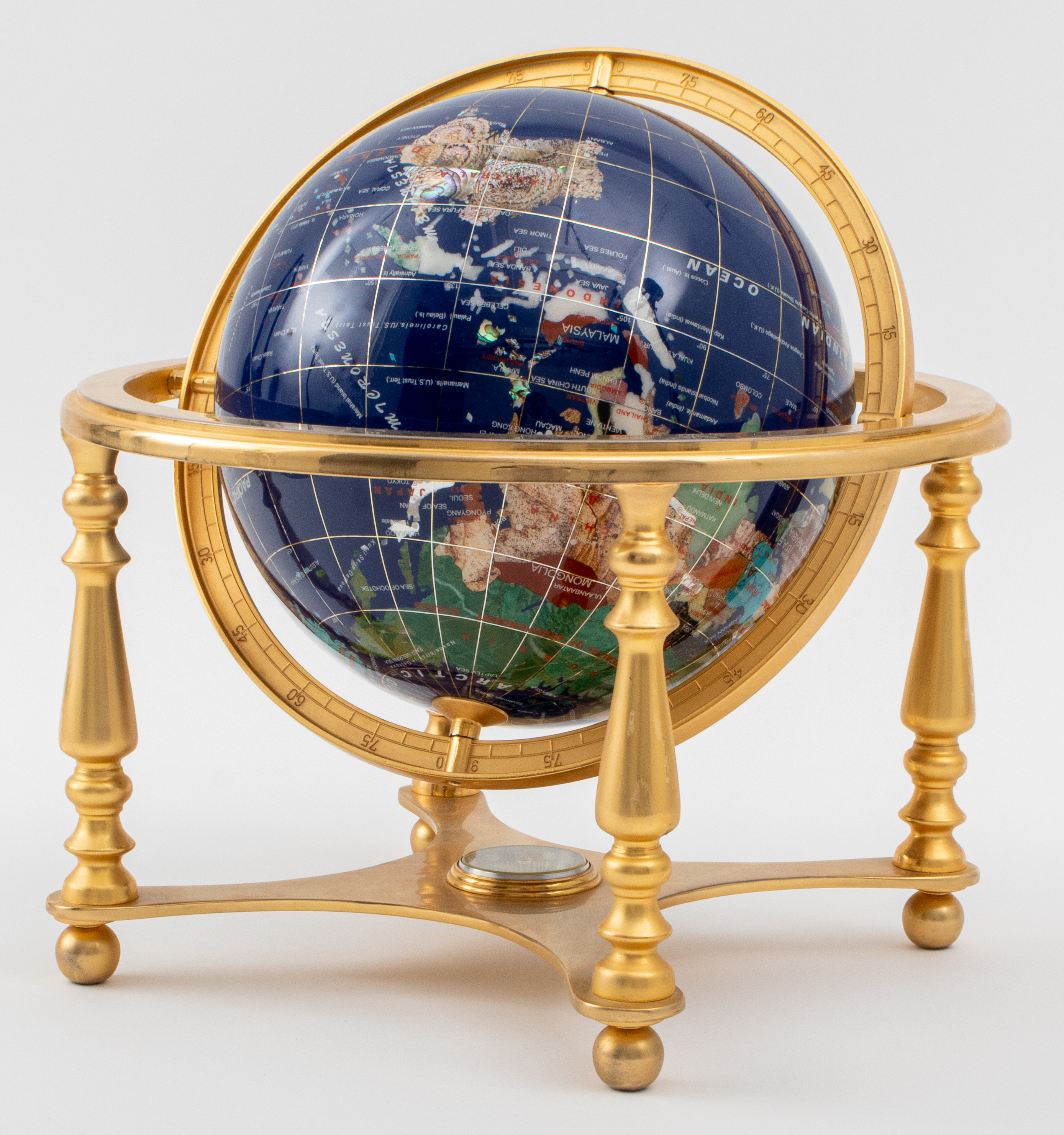 Appraisal: MODERN LAPIS GEMSTONE GLOBE IN BRASS STAND Modern lapis and