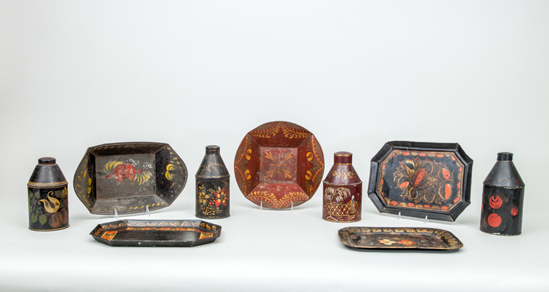 Appraisal: FOUR PAINTED TINWARE CYLINDRICAL JARS AND COVERS TWO BREAD TRAYS