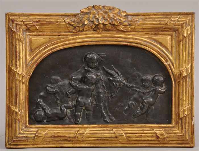 Appraisal: LOUIS XVI-STYLE BRONZE ARCHED RELIEF PLAQUE Modeled with six Bacchic