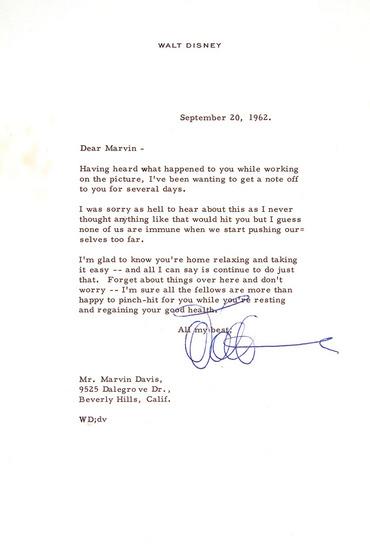 Appraisal: HOLLYWOOD -- DISNEY Walt Typed letter signed Walt to Marvin