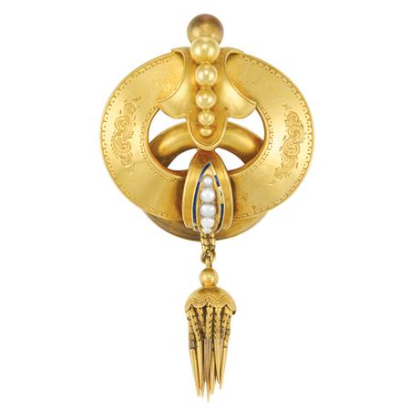 Appraisal: Antique Gold Blue Enamel and Split Pearl Tassel Brooch Estimate