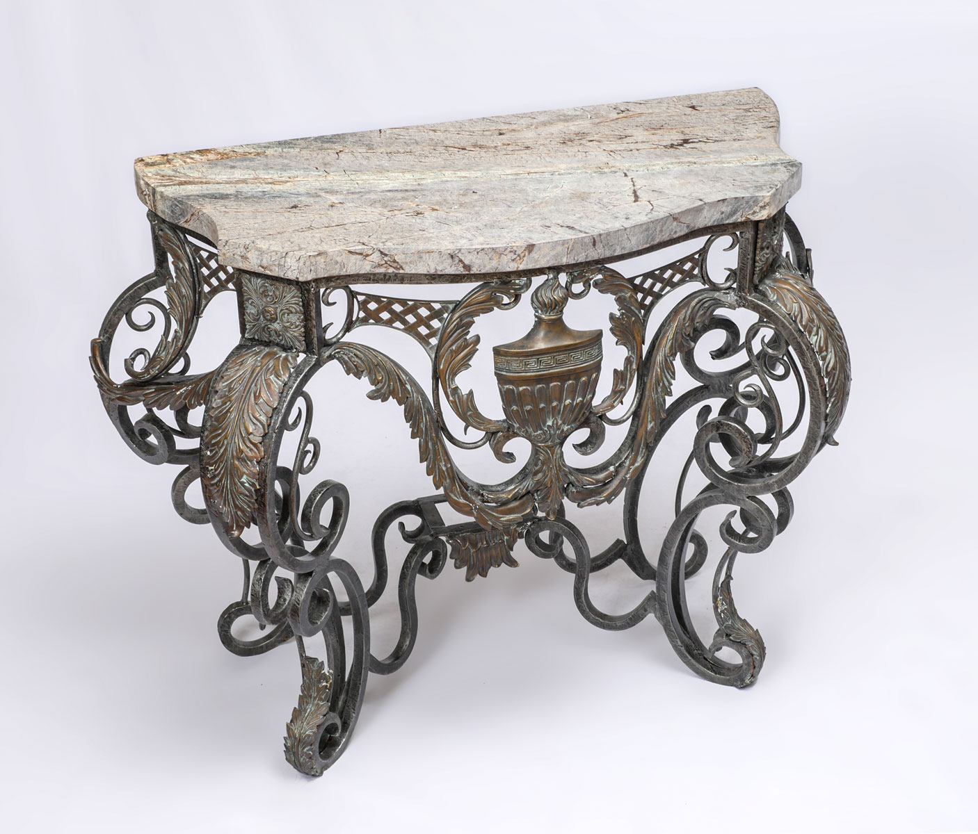 Appraisal: WROUGHT IRON MARBLE TOP FOYER TABLE Marble top hall table