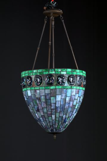 Appraisal: Good American Bronze-Patinated Brass-Mounted Iridescent Turtleback Glass-Bordered Glass Foyer Chandelier