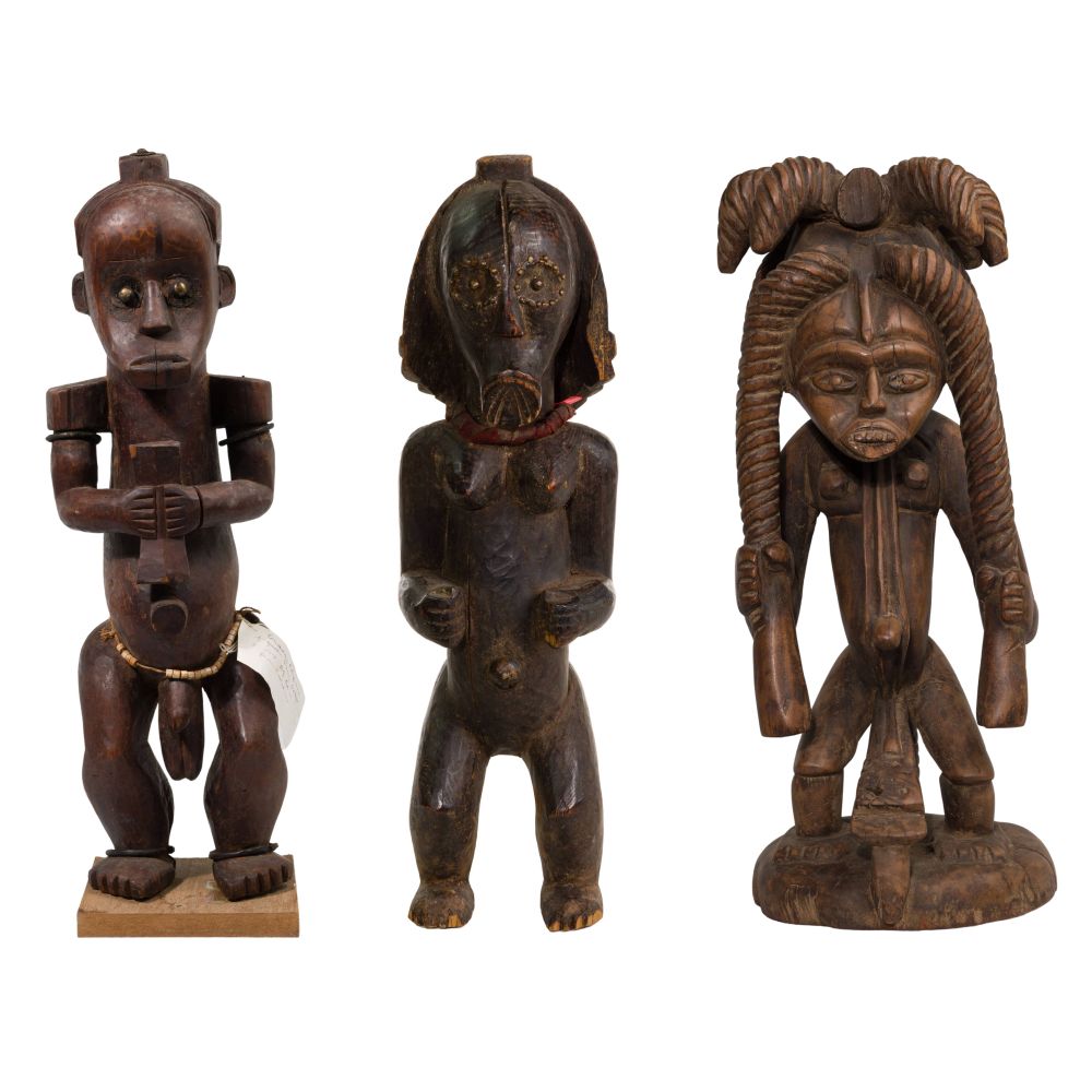 Appraisal: AFRICAN FANG RELIQUARY CARVED WOOD FIGURES items including a male