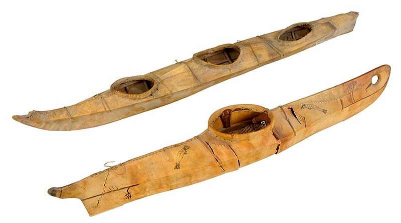 Appraisal: Two Inuit Kayak Models early th century painted hide model