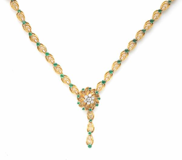 Appraisal: A diamond emerald and k gold necklace weighing approximately gr