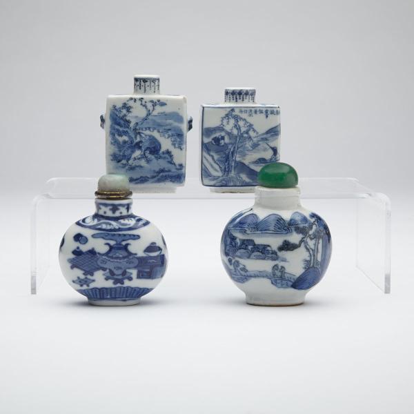 Appraisal: Four Blue and White Snuff Bottles th Century Two decorated