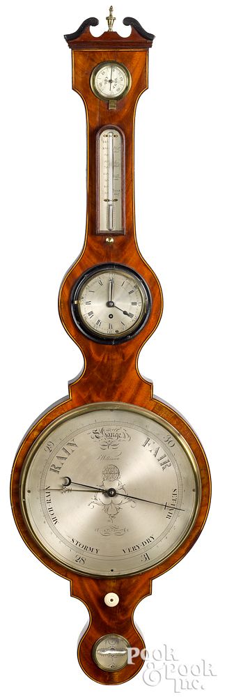 Appraisal: Large English mahogany banjo clock and barometer Large English mahogany