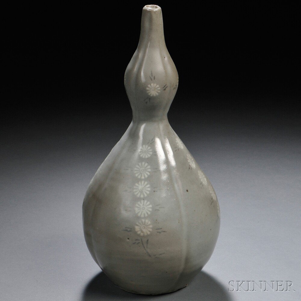 Appraisal: Celadon Gourd-shaped Bottle Korea thickly potted and glazed the ribbed